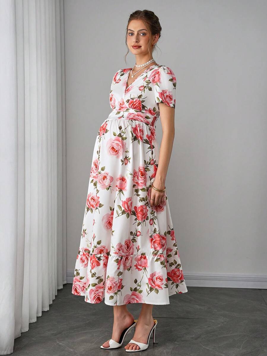 Maternity Floral A-Line Long Dress - V Neck, Puff Short Sleeve, Shirred, Ruffle Hem, Multicolor