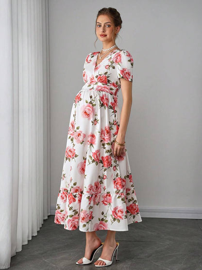 Maternity Floral A-Line Long Dress - V Neck, Puff Short Sleeve, Shirred, Ruffle Hem, Multicolor