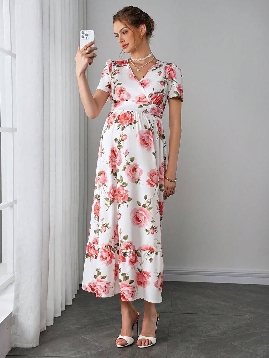 Maternity Floral A-Line Long Dress - V Neck, Puff Short Sleeve, Shirred, Ruffle Hem, Multicolor
