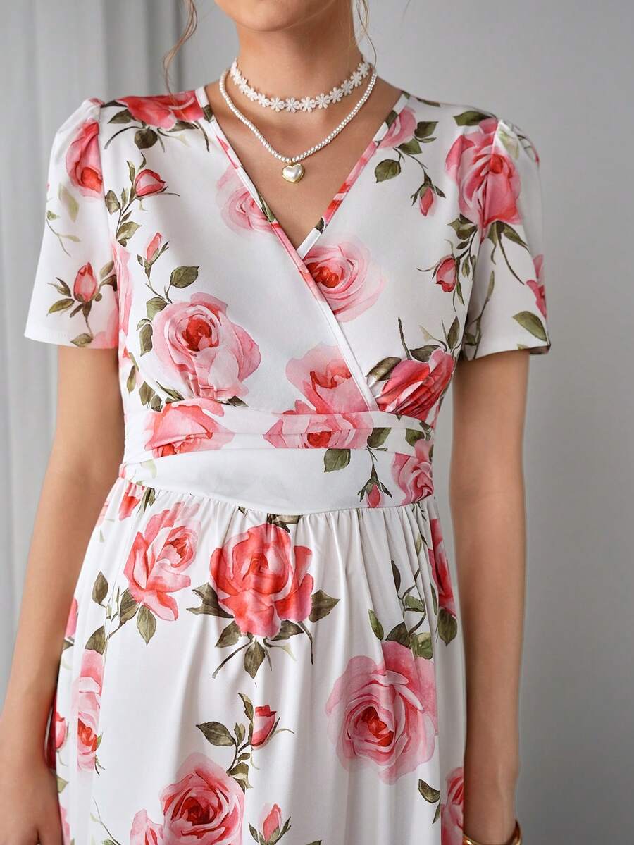 Maternity Floral A-Line Long Dress - V Neck, Puff Short Sleeve, Shirred, Ruffle Hem, Multicolor