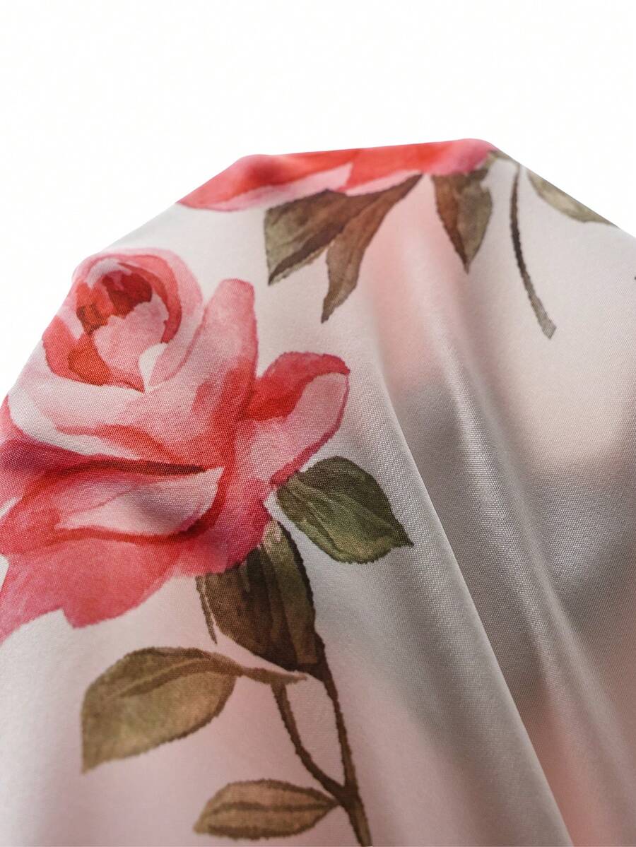 Maternity Floral A-Line Long Dress - V Neck, Puff Short Sleeve, Shirred, Ruffle Hem, Multicolor