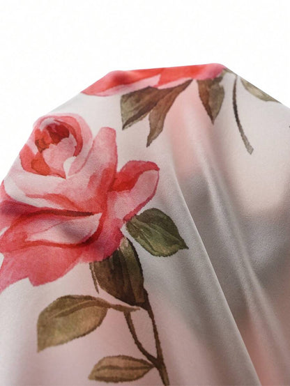Maternity Floral A-Line Long Dress - V Neck, Puff Short Sleeve, Shirred, Ruffle Hem, Multicolor