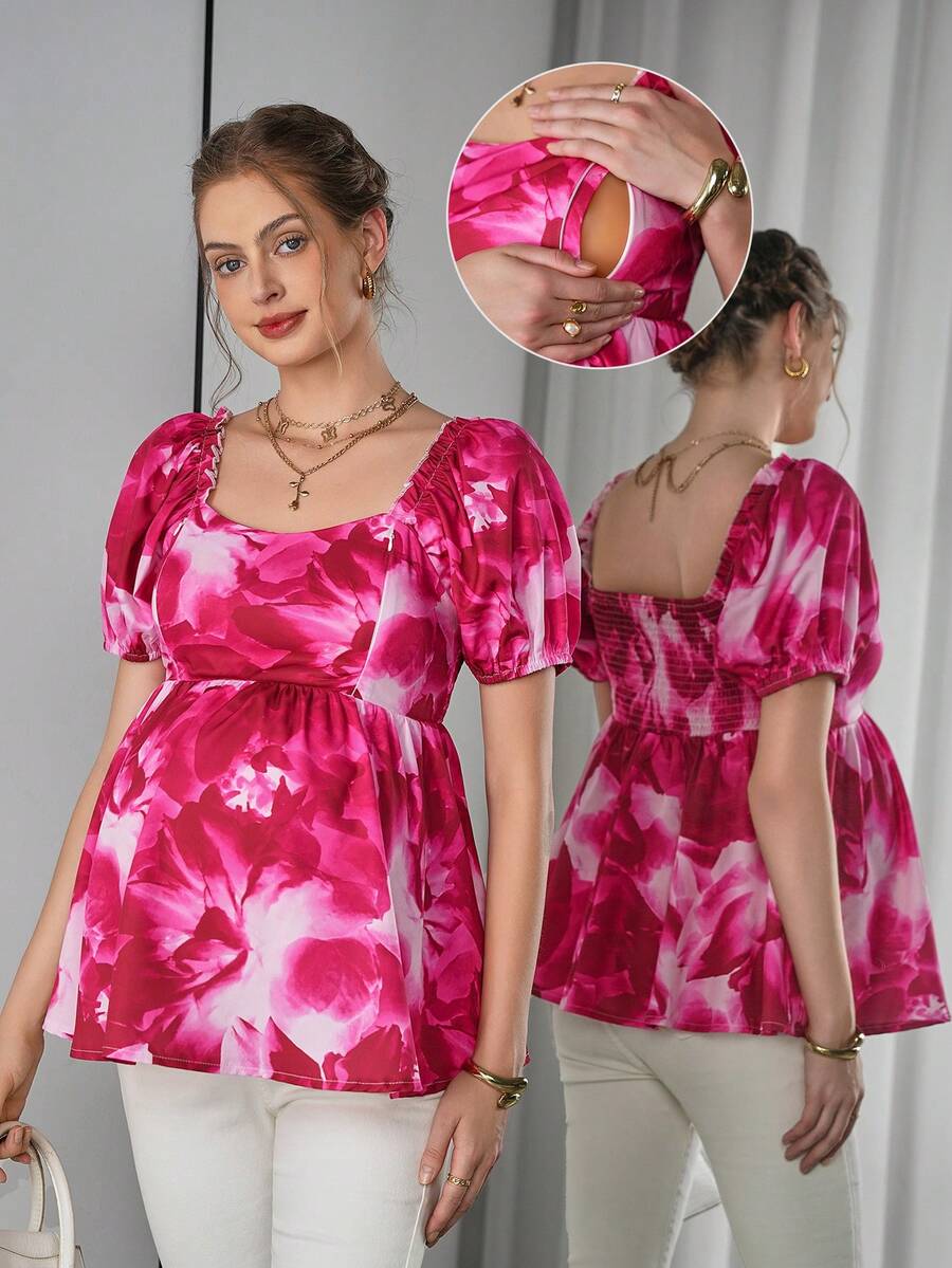 Maternity Printed Peplum Nursing Blouse - Square Neck, Bishop Sleeve, Lettuce Trim, Hot Pink