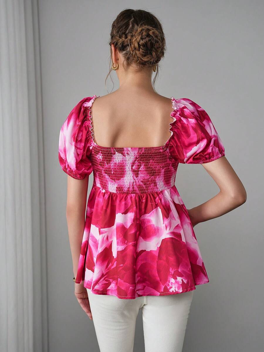 Maternity Printed Peplum Nursing Blouse - Square Neck, Bishop Sleeve, Lettuce Trim, Hot Pink