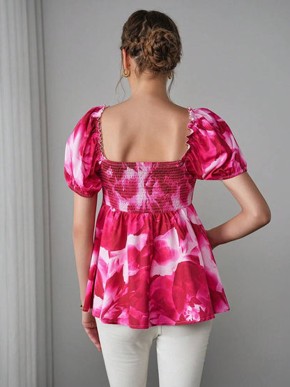 Maternity Printed Peplum Nursing Blouse - Square Neck, Bishop Sleeve, Lettuce Trim, Hot Pink