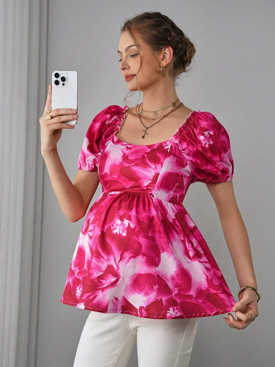 Maternity Printed Peplum Nursing Blouse - Square Neck, Bishop Sleeve, Lettuce Trim, Hot Pink