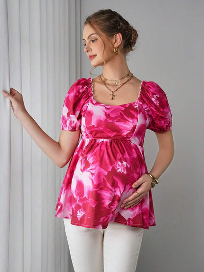 Maternity Printed Peplum Nursing Blouse - Square Neck, Bishop Sleeve, Lettuce Trim, Hot Pink
