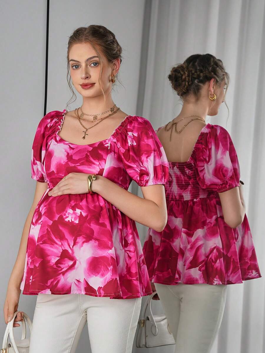Maternity Printed Peplum Nursing Blouse - Square Neck, Bishop Sleeve, Lettuce Trim, Hot Pink