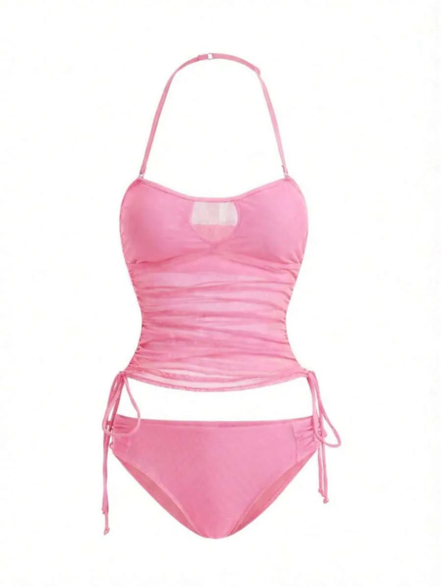 Women's 2-Piece Tankini Set - Detachable Strap Bandeau, Contrast Mesh, Navy Blue