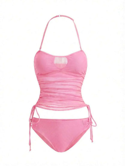 Women's 2-Piece Tankini Set - Detachable Strap Bandeau, Contrast Mesh, Navy Blue