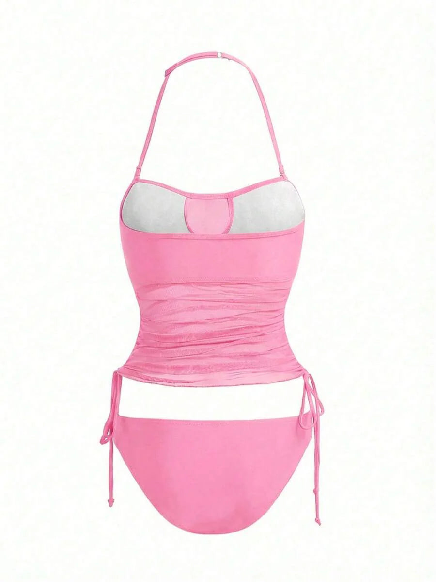 Women's 2-Piece Tankini Set - Detachable Strap Bandeau, Contrast Mesh, Navy Blue