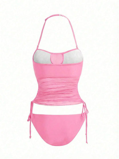 Women's 2-Piece Tankini Set - Detachable Strap Bandeau, Contrast Mesh, Navy Blue