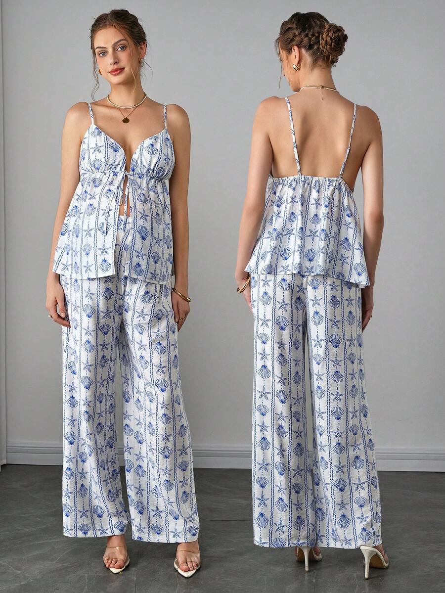 Maternity 2-Piece Set - Halter Camisole & Long Pants, Lace Up, Ocean Print, Multicolor