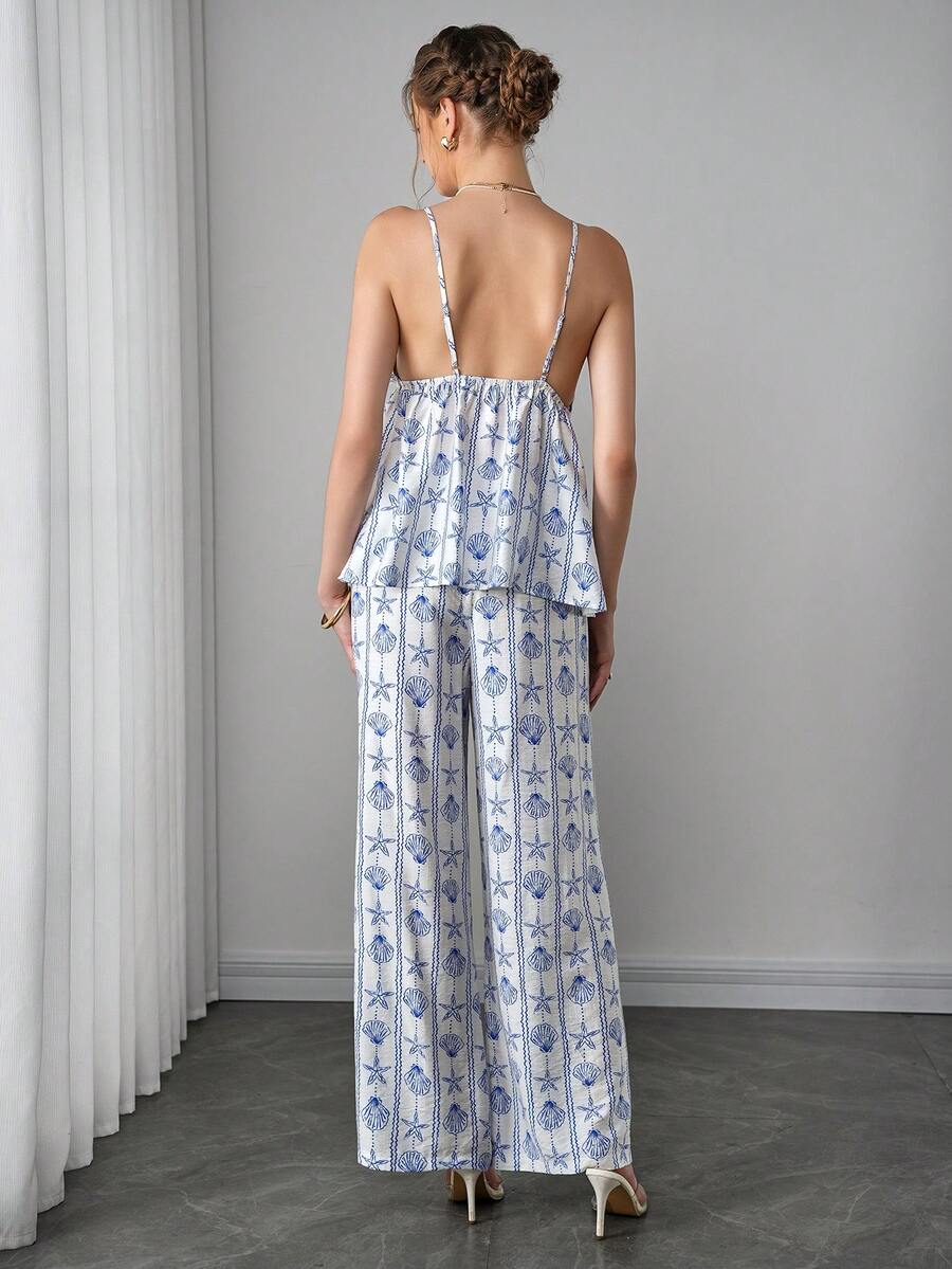 Maternity 2-Piece Set - Halter Camisole & Long Pants, Lace Up, Ocean Print, Multicolor