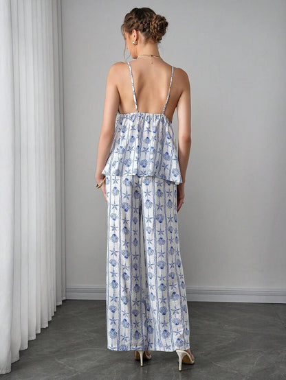 Maternity 2-Piece Set - Halter Camisole & Long Pants, Lace Up, Ocean Print, Multicolor