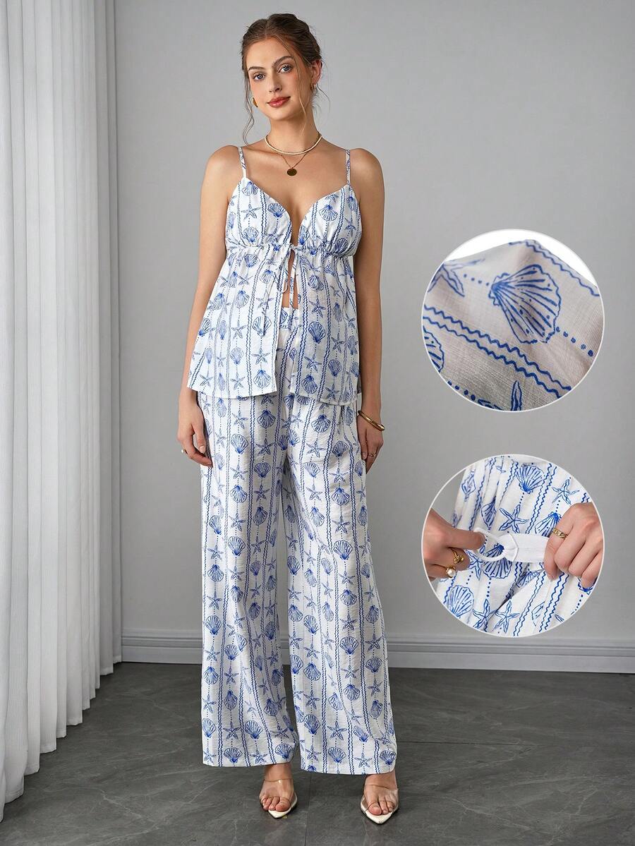 Maternity 2-Piece Set - Halter Camisole & Long Pants, Lace Up, Ocean Print, Multicolor