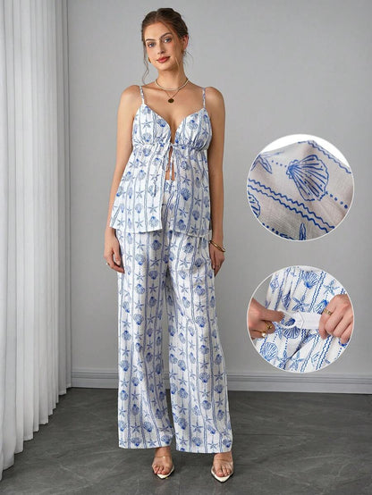 Maternity 2-Piece Set - Halter Camisole & Long Pants, Lace Up, Ocean Print, Multicolor