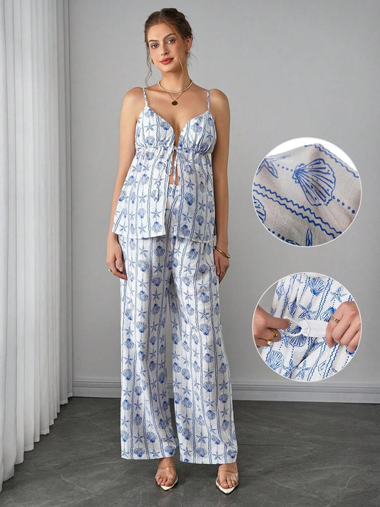 Maternity 2-Piece Set - Halter Camisole & Long Pants, Lace Up, Ocean Print, Multicolor