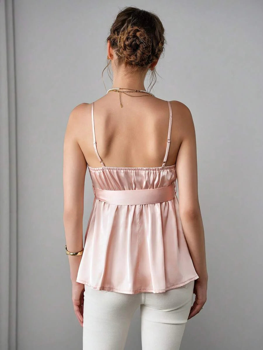 Pink Satin Maternity Cami Top with Pearl Trim and Bow Tie Waist - Elegant Slim Fit Spaghetti Strap Sleeveless Beach Blouse
