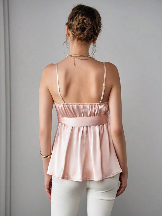 Pink Satin Maternity Cami Top with Pearl Trim and Bow Tie Waist - Elegant Slim Fit Spaghetti Strap Sleeveless Beach Blouse