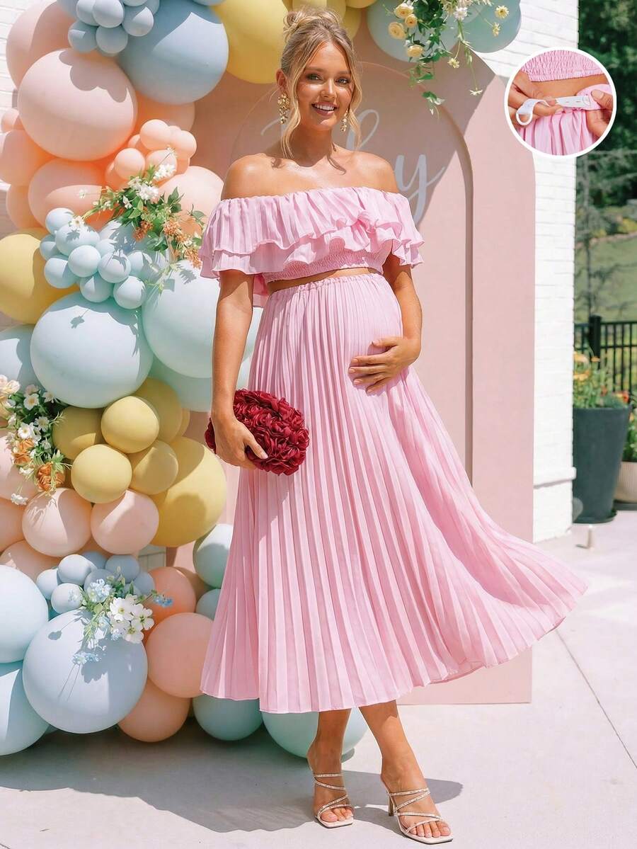 Maternity 2 Piece Set Off Shoulder Ruffle Pink Short Top and Long Skirt for Gender Reveal and Baby Shower