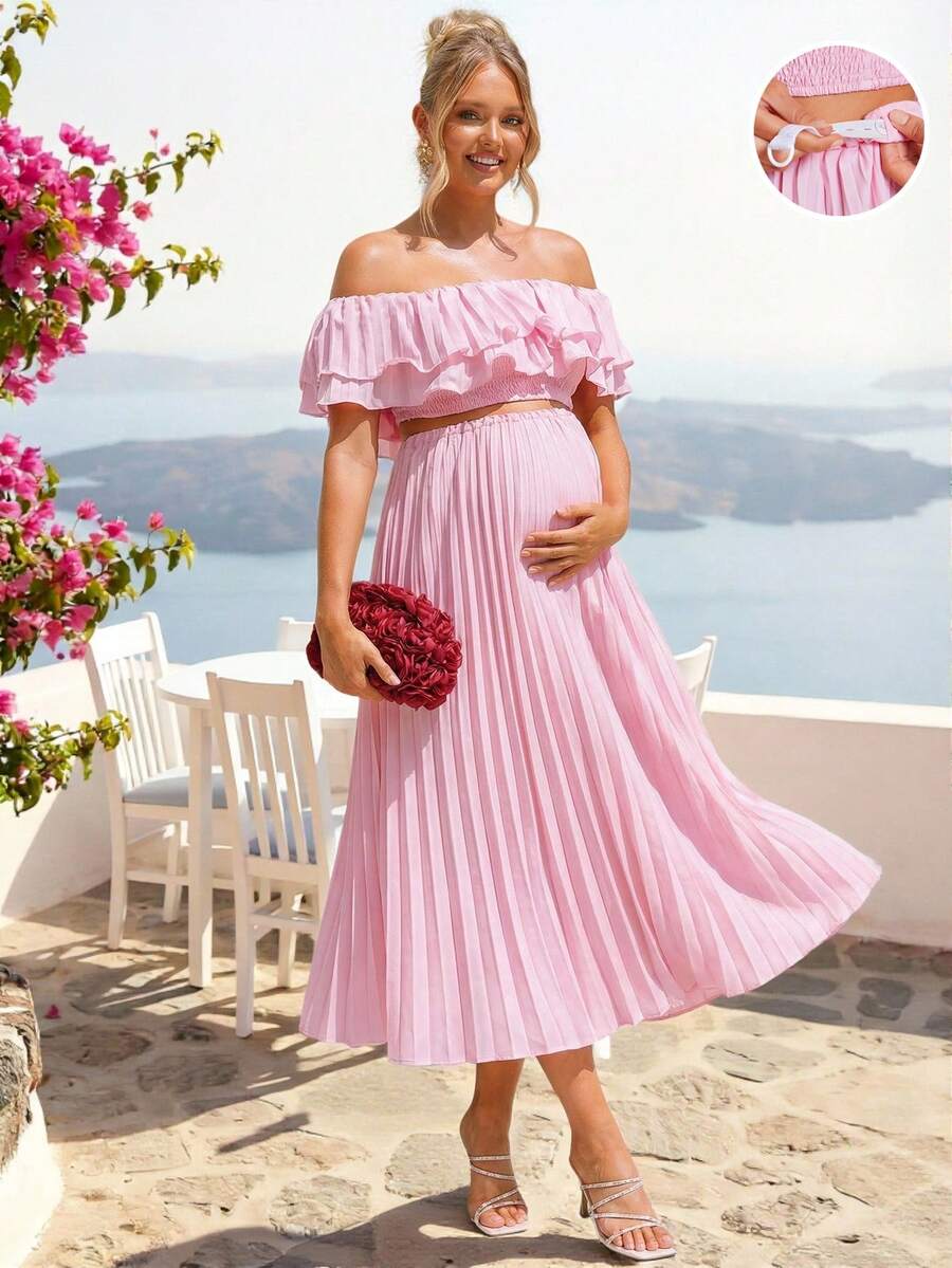 Maternity 2 Piece Set Off Shoulder Ruffle Pink Short Top and Long Skirt for Gender Reveal and Baby Shower