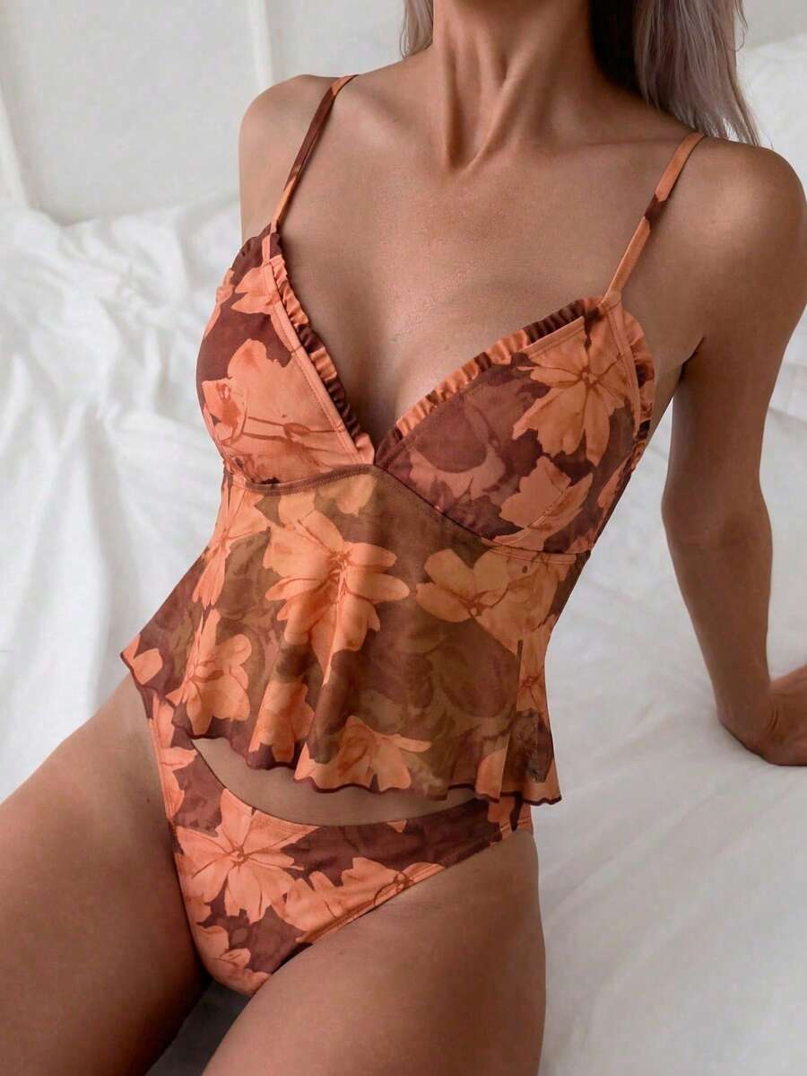 Women's 2-Piece Floral Camisole Bikini Set - Spaghetti Strap, Frill Trim, Hipsters, Multicolor