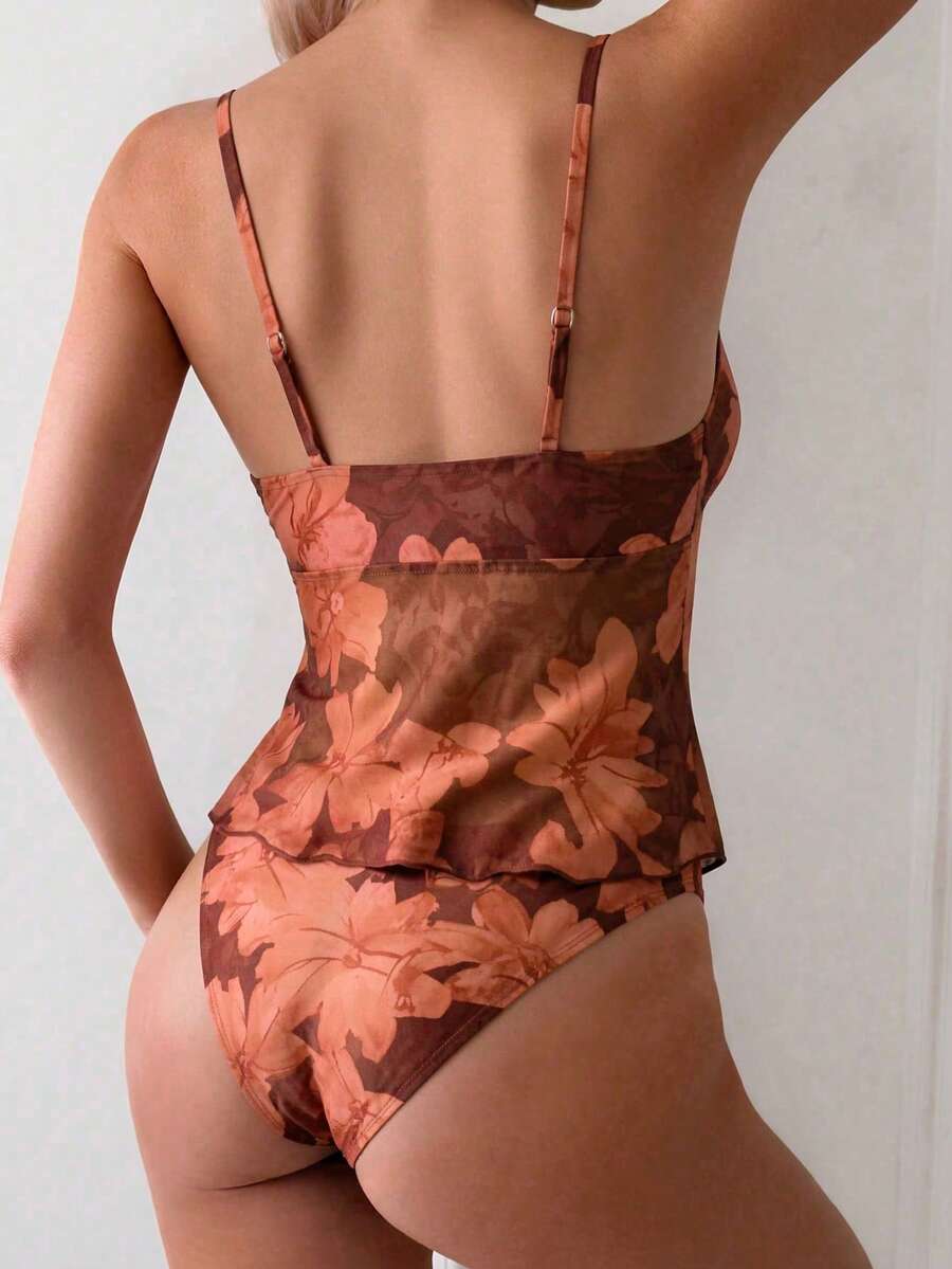 Women's 2-Piece Floral Camisole Bikini Set - Spaghetti Strap, Frill Trim, Hipsters, Multicolor