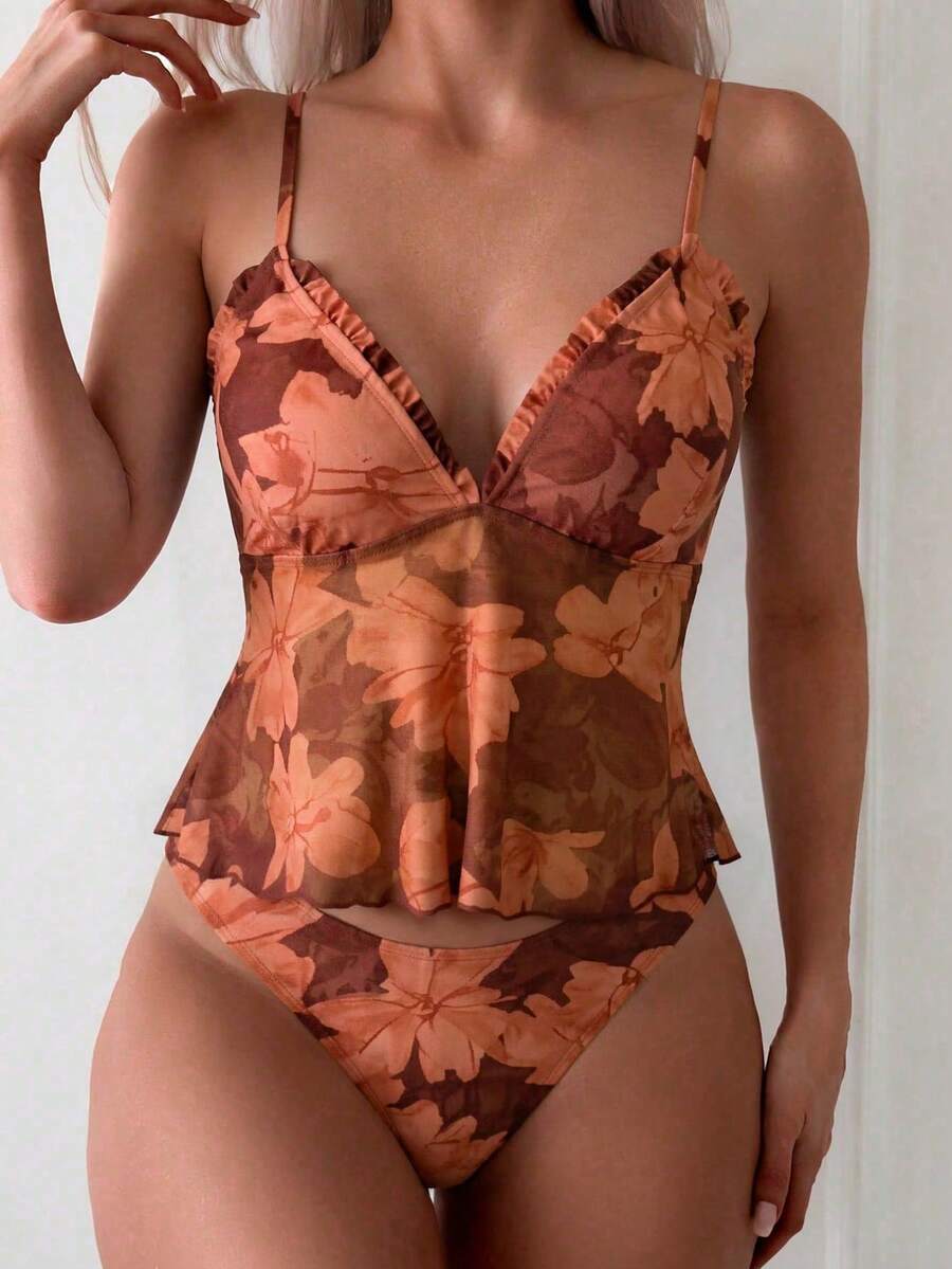 Women's 2-Piece Floral Camisole Bikini Set - Spaghetti Strap, Frill Trim, Hipsters, Multicolor