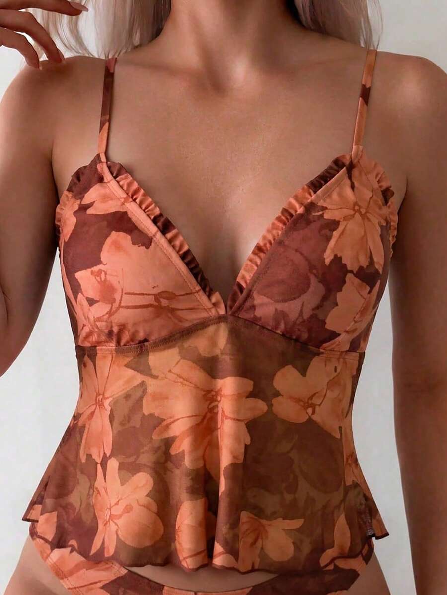 Women's 2-Piece Floral Camisole Bikini Set - Spaghetti Strap, Frill Trim, Hipsters, Multicolor