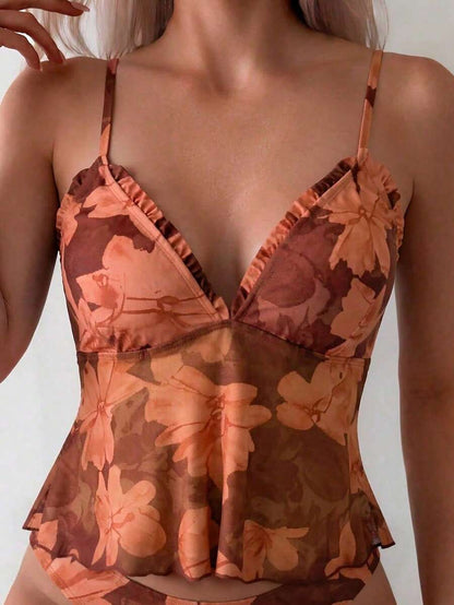 Women's 2-Piece Floral Camisole Bikini Set - Spaghetti Strap, Frill Trim, Hipsters, Multicolor