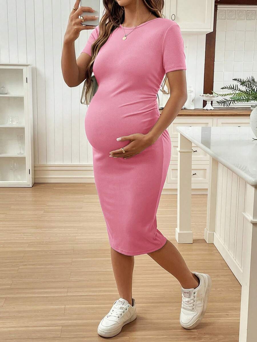 Maternity Short Sleeve Crew Neck Ruched Bodycon Dress Slim Fit Knee Length Solid Color Casual Streetwear Maternity T-Shirt Dress