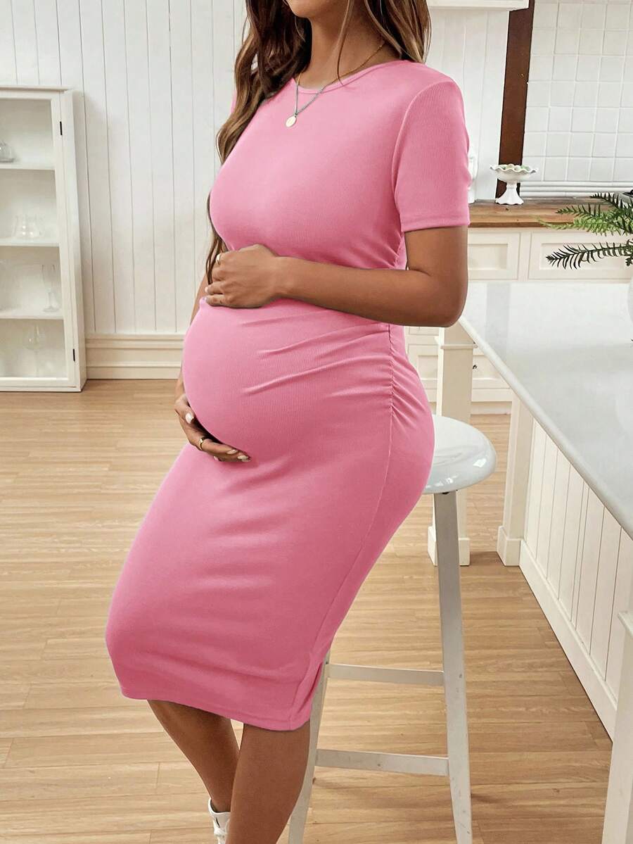 Maternity Short Sleeve Crew Neck Ruched Bodycon Dress Slim Fit Knee Length Solid Color Casual Streetwear Maternity T-Shirt Dress