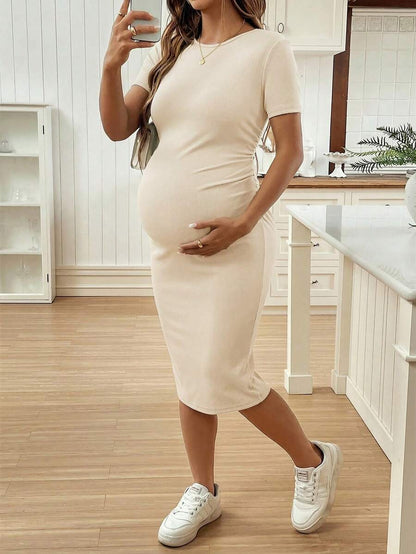 Maternity Short Sleeve Crew Neck Ruched Bodycon Dress Slim Fit Knee Length Solid Color Casual Streetwear Maternity T-Shirt Dress
