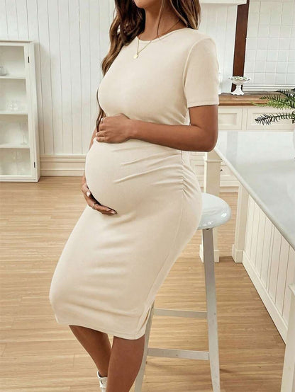 Maternity Short Sleeve Crew Neck Ruched Bodycon Dress Slim Fit Knee Length Solid Color Casual Streetwear Maternity T-Shirt Dress