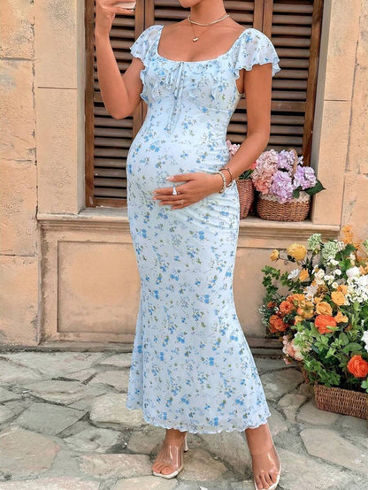 Puff Sleeve Front Bow Tie Decor Casual Smock Maternity Dress