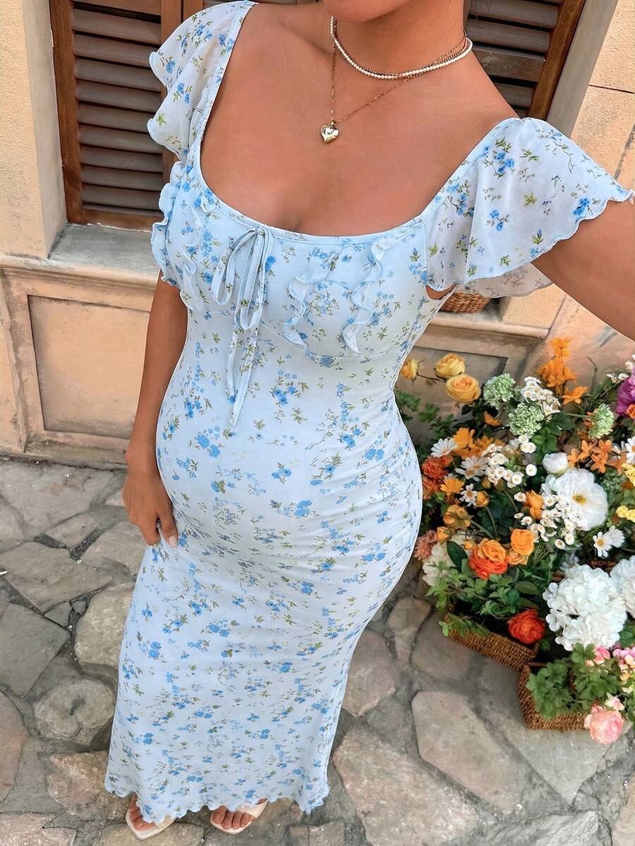 Puff Sleeve Front Bow Tie Decor Casual Smock Maternity Dress