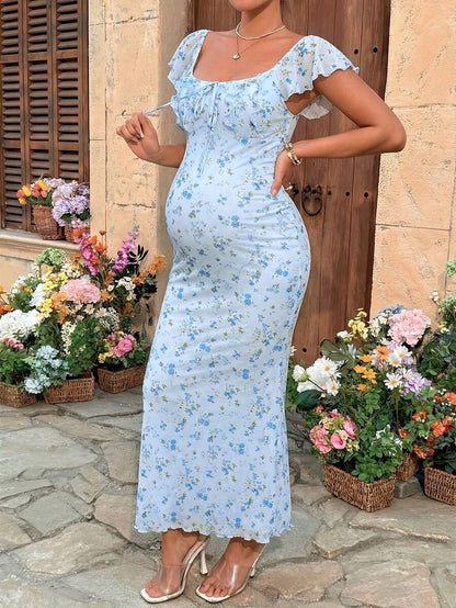 Puff Sleeve Front Bow Tie Decor Casual Smock Maternity Dress