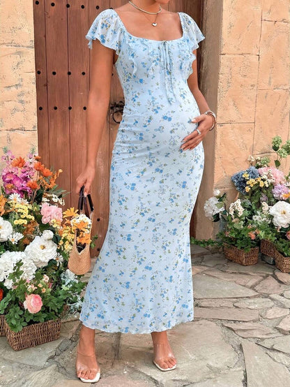 Puff Sleeve Front Bow Tie Decor Casual Smock Maternity Dress
