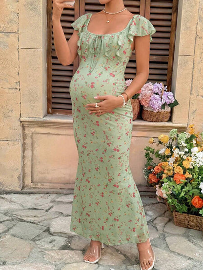 Maternity Puff Sleeve Smock Dress - Blue and White Striped Fruit Pattern Boho Summer Dress with Bow Tie Front & Ruffle Mermaid Hem