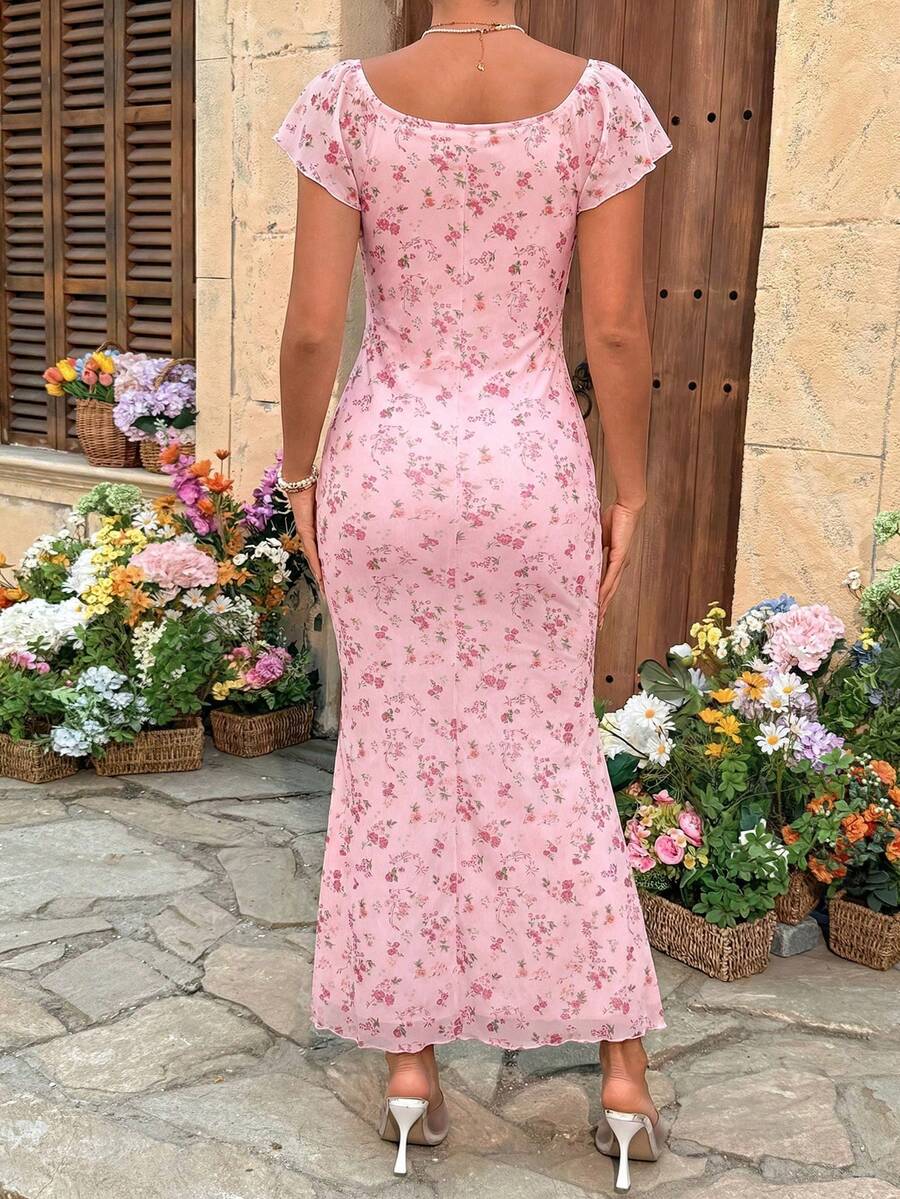 Maternity Puff Sleeve Smock Dress - Blue and White Striped Fruit Pattern Boho Summer Dress with Bow Tie Front & Ruffle Mermaid Hem