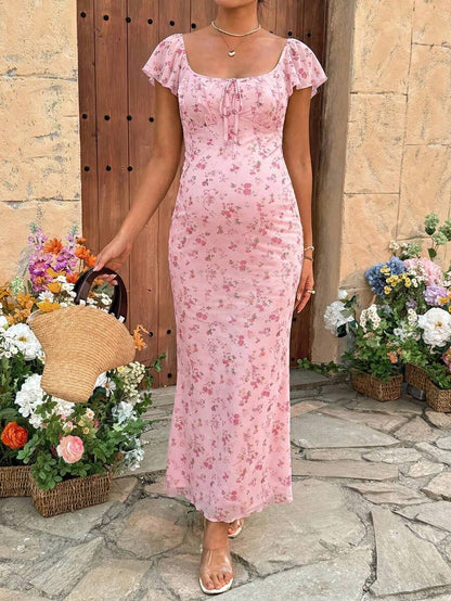 Maternity Puff Sleeve Smock Dress - Blue and White Striped Fruit Pattern Boho Summer Dress with Bow Tie Front & Ruffle Mermaid Hem