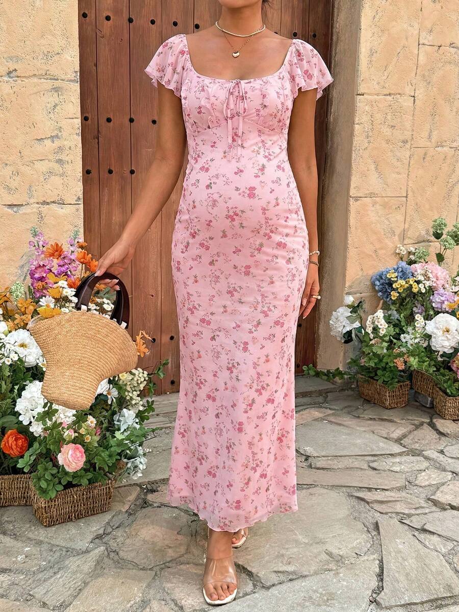 Puff Sleeve Front Bow Tie Decor Casual Smock Maternity Dress