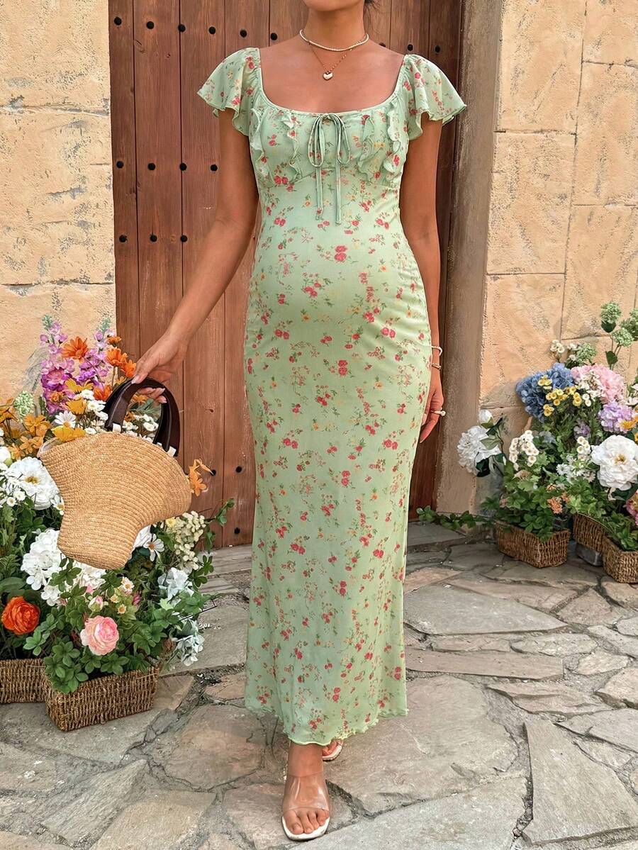 Puff Sleeve Front Bow Tie Decor Casual Smock Maternity Dress