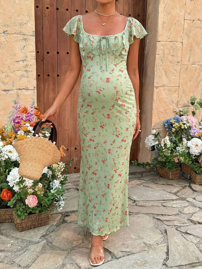 Puff Sleeve Front Bow Tie Decor Casual Smock Maternity Dress