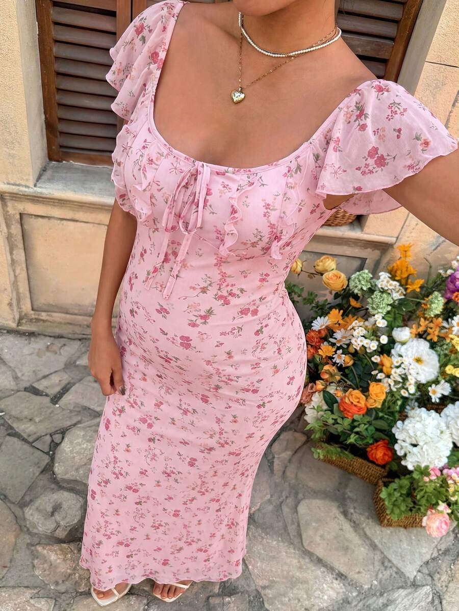 Puff Sleeve Front Bow Tie Decor Casual Smock Maternity Dress