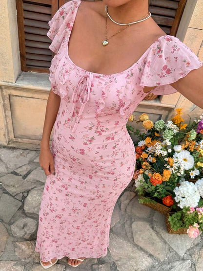 Puff Sleeve Front Bow Tie Decor Casual Smock Maternity Dress