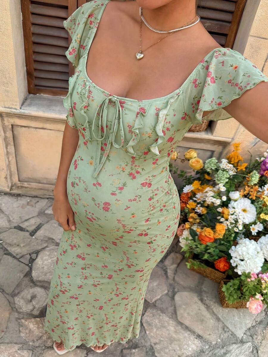 Puff Sleeve Front Bow Tie Decor Casual Smock Maternity Dress