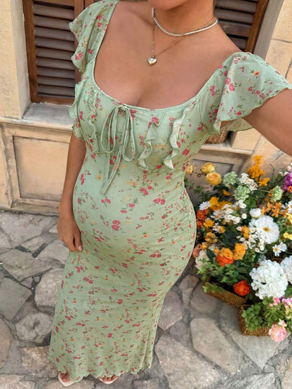 Puff Sleeve Front Bow Tie Decor Casual Smock Maternity Dress