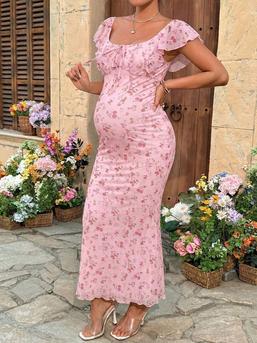 Maternity Puff Sleeve Smock Dress - Blue and White Striped Fruit Pattern Boho Summer Dress with Bow Tie Front & Ruffle Mermaid Hem